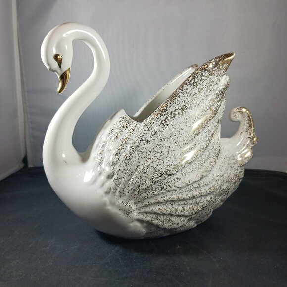 Vintage MCM Porcelain Swan Planter Figurine Gold & White Vase - Picture 1 of 11